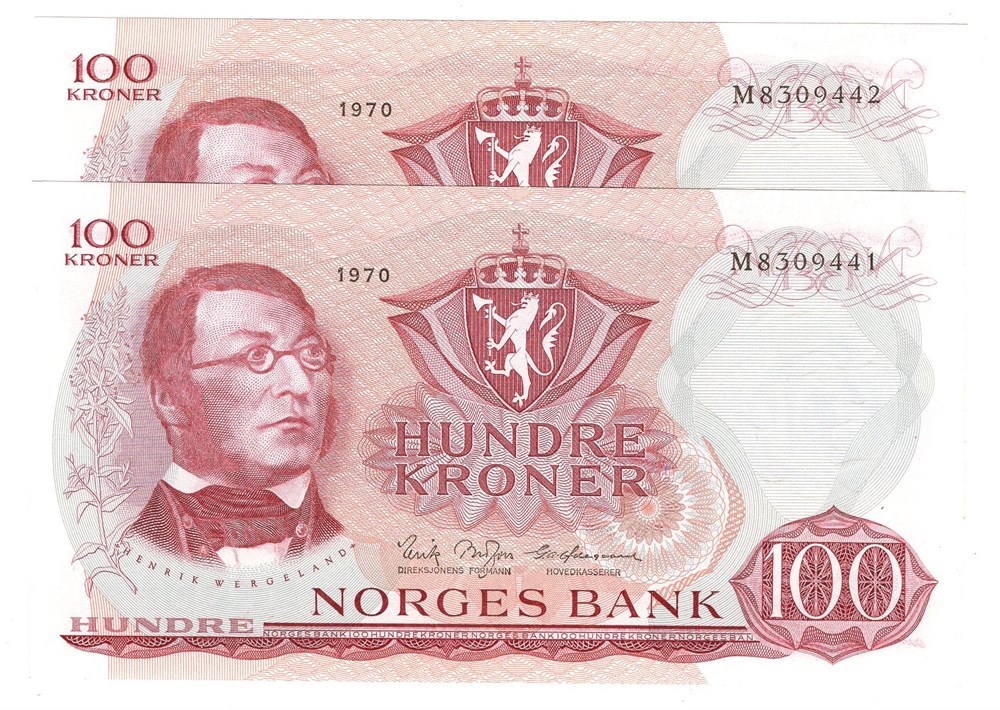 100 kroner 1970 M.8309441.42 i serie. Kv.0