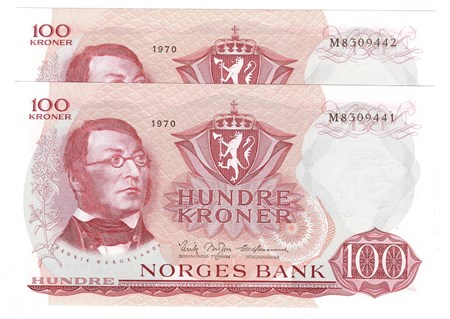 100 kroner 1970 M.8309441.42 i serie. Kv.0