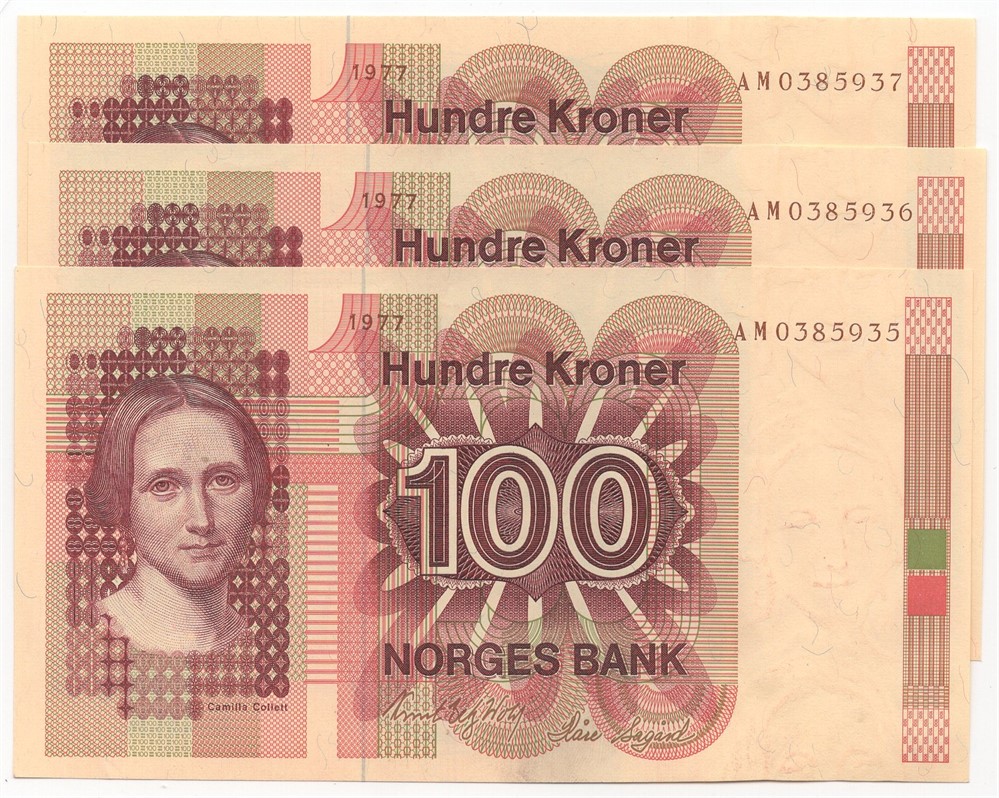 100 kroner 1977 AM. 3 stk. i serie. Kv.0