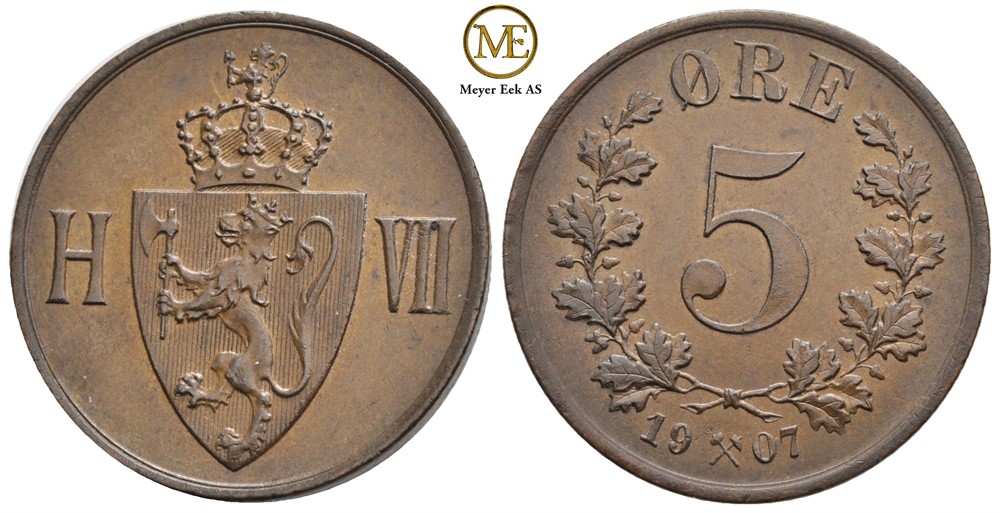 5 øre 1907 Haakon VII. Kv.0