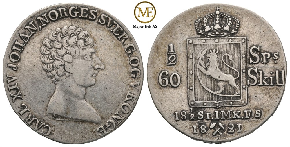 1/2 speciedaler 1821 Carl XIV Johan. Kv.1+