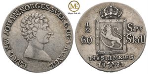 1/2 speciedaler 1821 Carl XIV Johan. Kv.1+