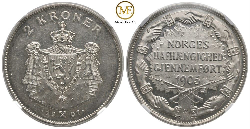 2 kroner 1907 Jub. m/gevær Haakon VII. Kv.01