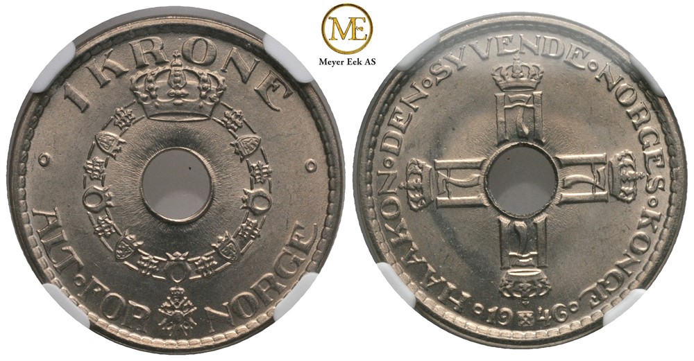 1 krone 1946 Haakon VII. MS 67. Prakt
