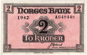 2 kroner 1942 A.648448. London utgaven. Kv.0/01