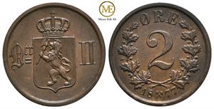 2 øre 1877 Oscar II. Kv.0