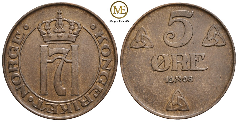 5 øre 1908 Haakon VII. Kv.01