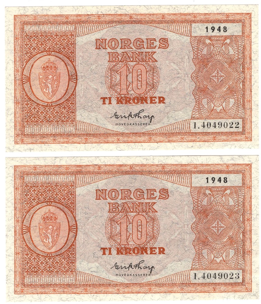 10 kroner 1948 i serie. I.4049022-23. Kv.0/01