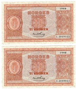 10 kroner 1948 i serie. I.4049022-23. Kv.0/01
