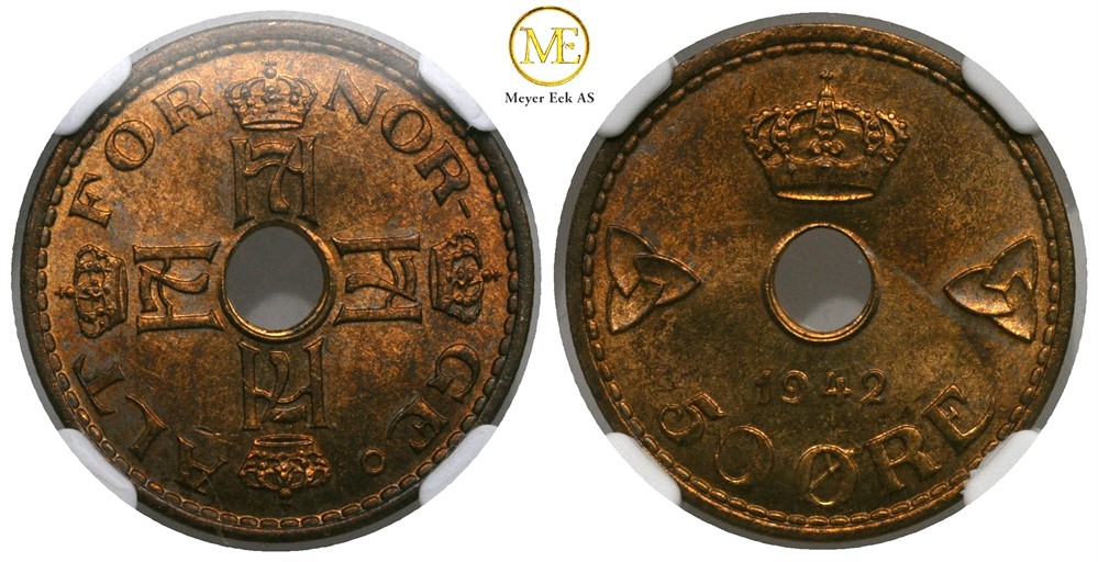 50 øre 1942 London utgaven. MS65. Kv.0