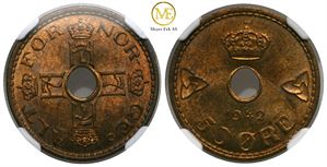 50 øre 1942 London utgaven. MS65. Kv.0