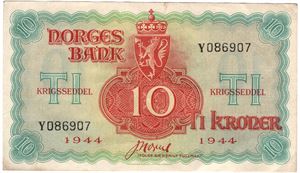 10 kroner 1944 Y.086907. London utgaven. Kv.1+