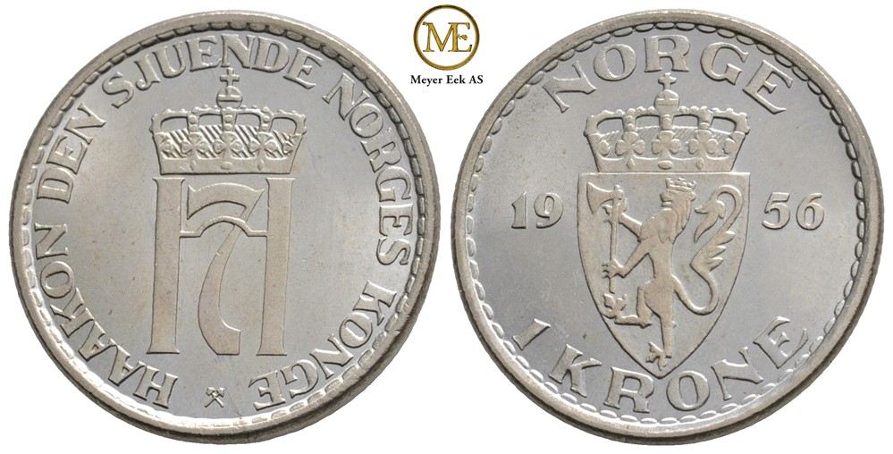 1 krone 1956 Haakon VII. Kv.0/prakt