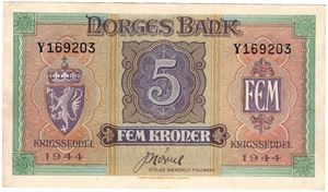 5 kroner 1944 Y.169203 London utg. Kv.01