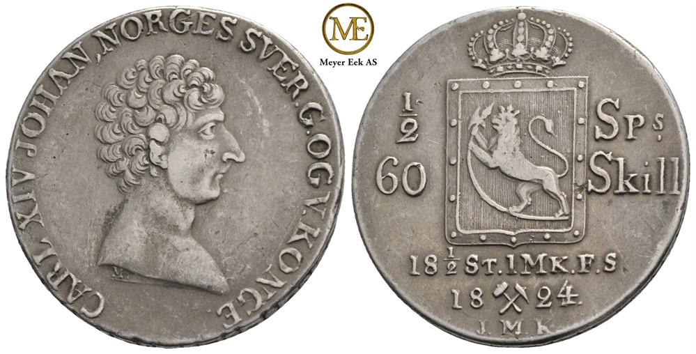 1/2 Speciedaler 1824 Carl XIV Johan. Kv.1+