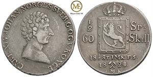 1/2 Speciedaler 1824 Carl XIV Johan. Kv.1+