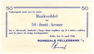 50 kroner nødseddel. Romsdal Fellesbank a/s. Kv.0