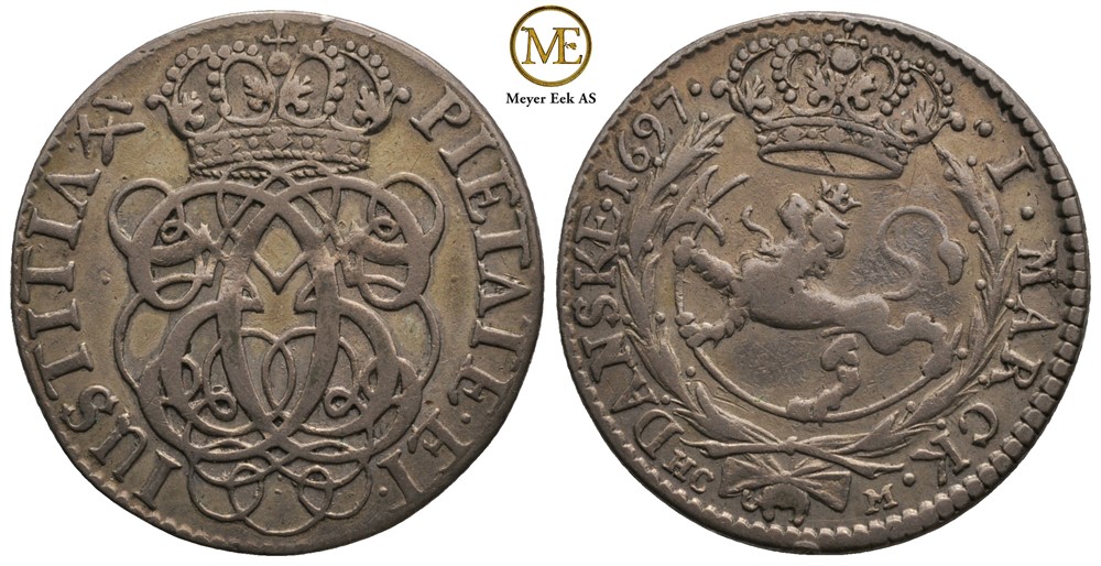 Mark/16 skilling 1697 Christian V. Kv.1+