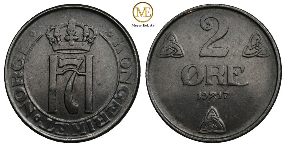 2 øre 1917 jern. Haakon VII. Kv.0