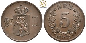 5 øre  1876 Oscar II. Kv.0/01