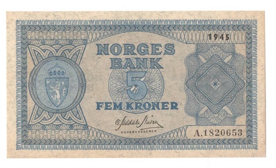 Norge 5 kroner 1945 A kv. 0