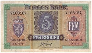 5 kroner 1944 Y.168187. London utg. Kv.1+