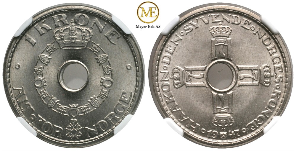1 krone 1947 Haakon VII. MS 65. Kv.0