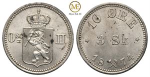 10 øre/3 skilling 1874 Oscar II. Kv.0