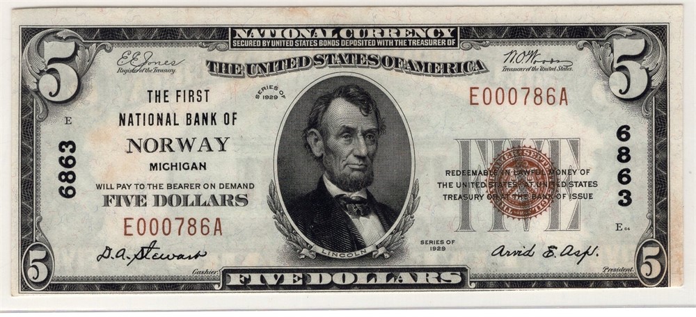 5 dollar The first national bank of Norway. Gradert til 61 hos PCGS. Kv.0/01