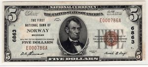 5 dollar The first national bank of Norway. Gradert til 61 hos PCGS. Kv.0/01