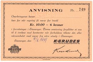 10 kroner 1940. Anvisning blankett K-Grudes konfeksjonsfabrikk. Kv.0