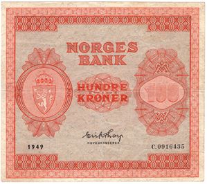 100 kroner 1949 C.0916435. Kv.1