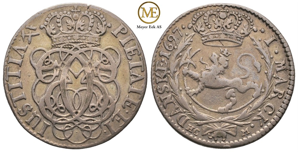 Mark/16 skilling 1697 Christian V. Kv.1+