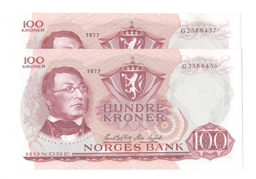 Norge 100 kroner 1977 G 2 stk. i serie kv. 0