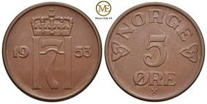 5 øre 1953 Haakon VII. Kv.0