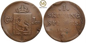 Ompreget skilling 1824 Carl XIV Johan. Kv.1