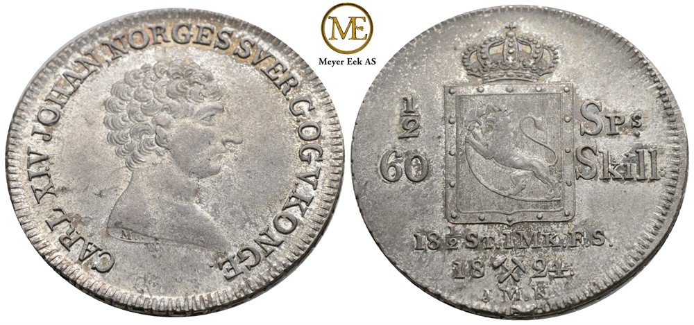 1/2 speciedaler 1824 Carl XIV Johan. Kv.0