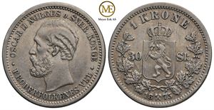 1 krone 1875/30 sk. Oscar II. Kv.1+