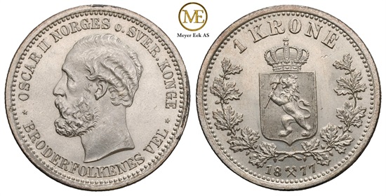 1 krone 1877 Oscar II. Prakteksemplar