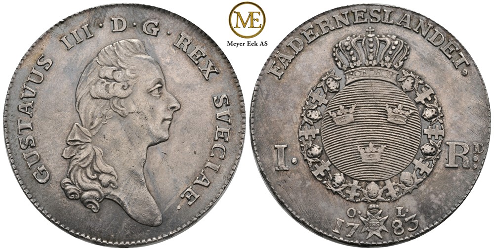 Riksdaler 1783 Gustav III. Flott myntglans. Kv.01