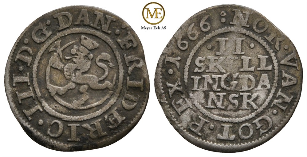 2 skilling 1666 Frederik III. NMD.225. Kv.1/1+