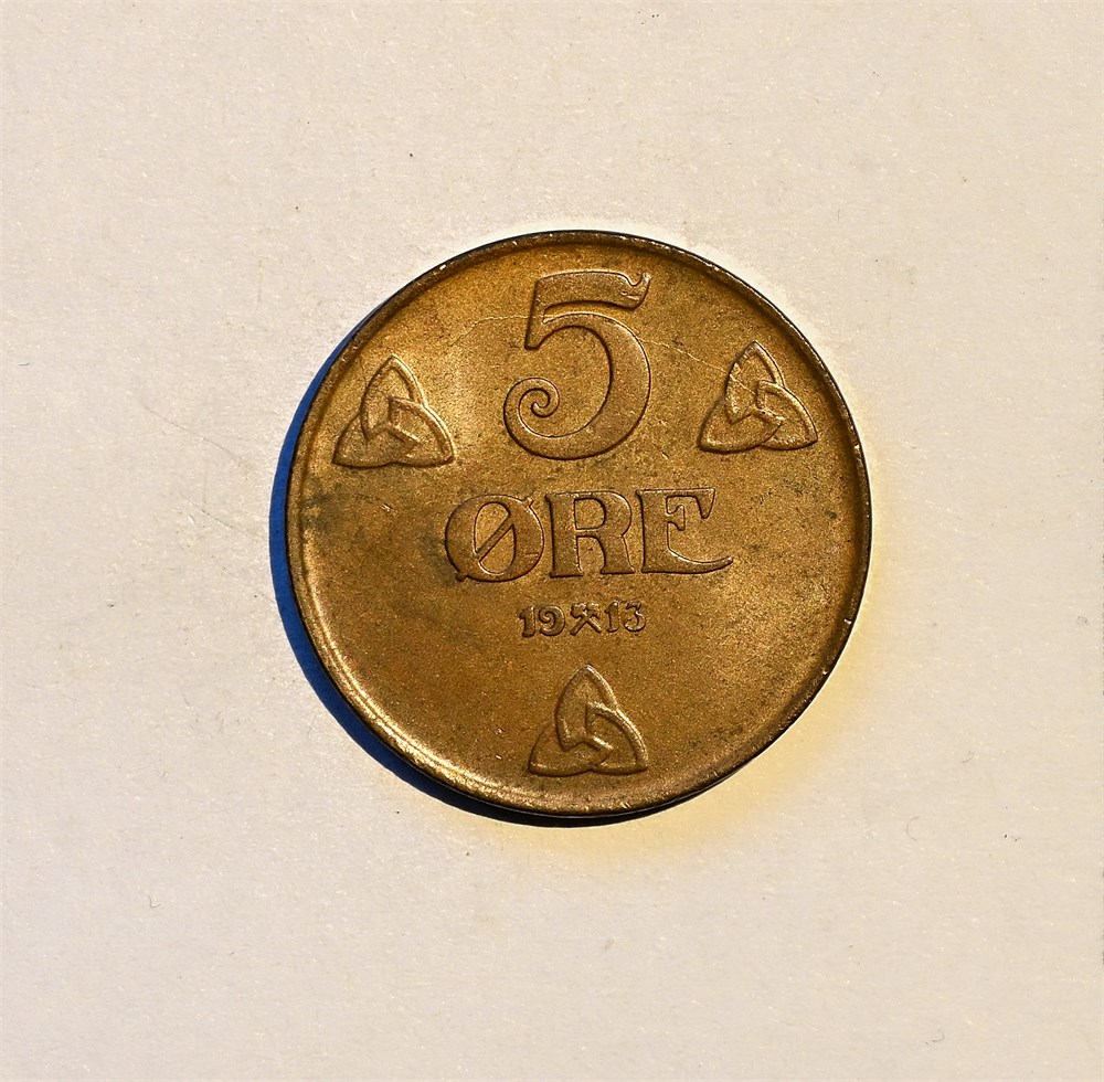 Norge 5 øre 1913 kv. 0