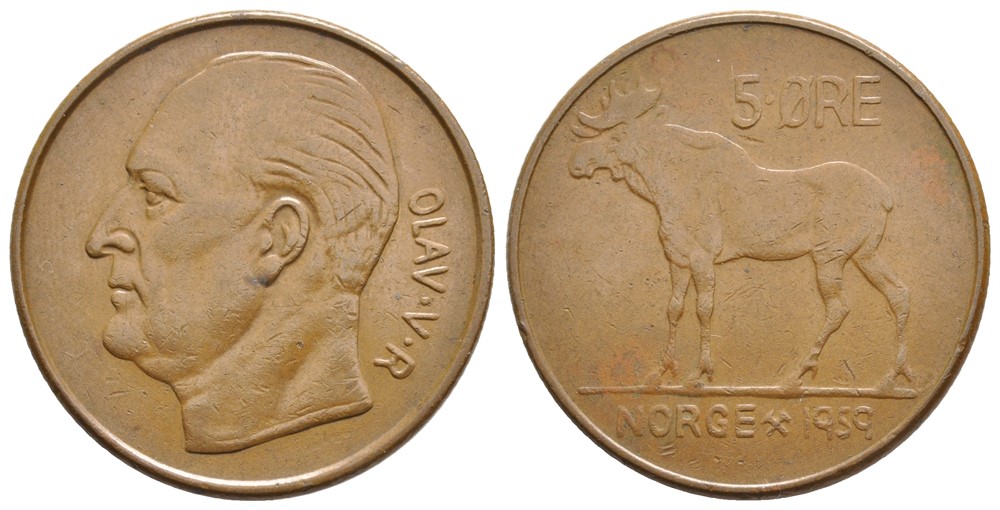 5 øre 1959 Olav V. Prøvemynt. Kv.1+