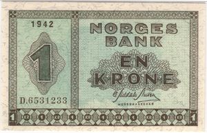 1 krone 1942 D.6531233. 65 EPQ. Kv.0