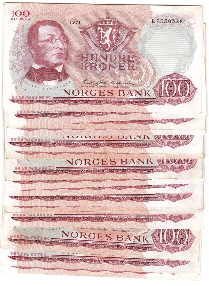Lot. 100 kroner 1971-1973. 28 stk. VK