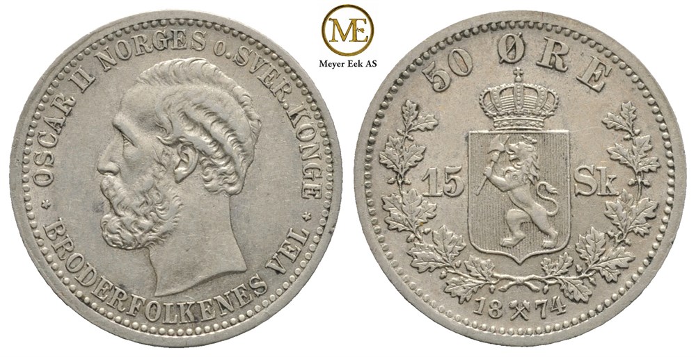 50 øre/15 skilling 1874 Oscar II. Kv.01
