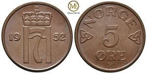 5 øre 1952 Haakon VII. Kv.0