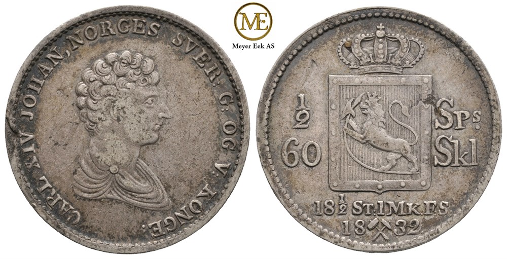 1/2 speciedaler 1832 Carl XIV Johan. Kv.1/1+