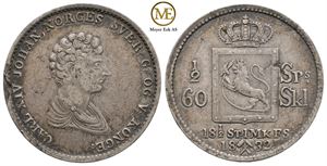 1/2 speciedaler 1832 Carl XIV Johan. Kv.1/1+