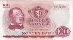 100 kroner 1970 X.5112490. Erstatningsseddel. Kv.01